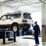 Mechanik ogląda zawieszenie podniesionego SUV‑a w nowoczesnym warsztacie
