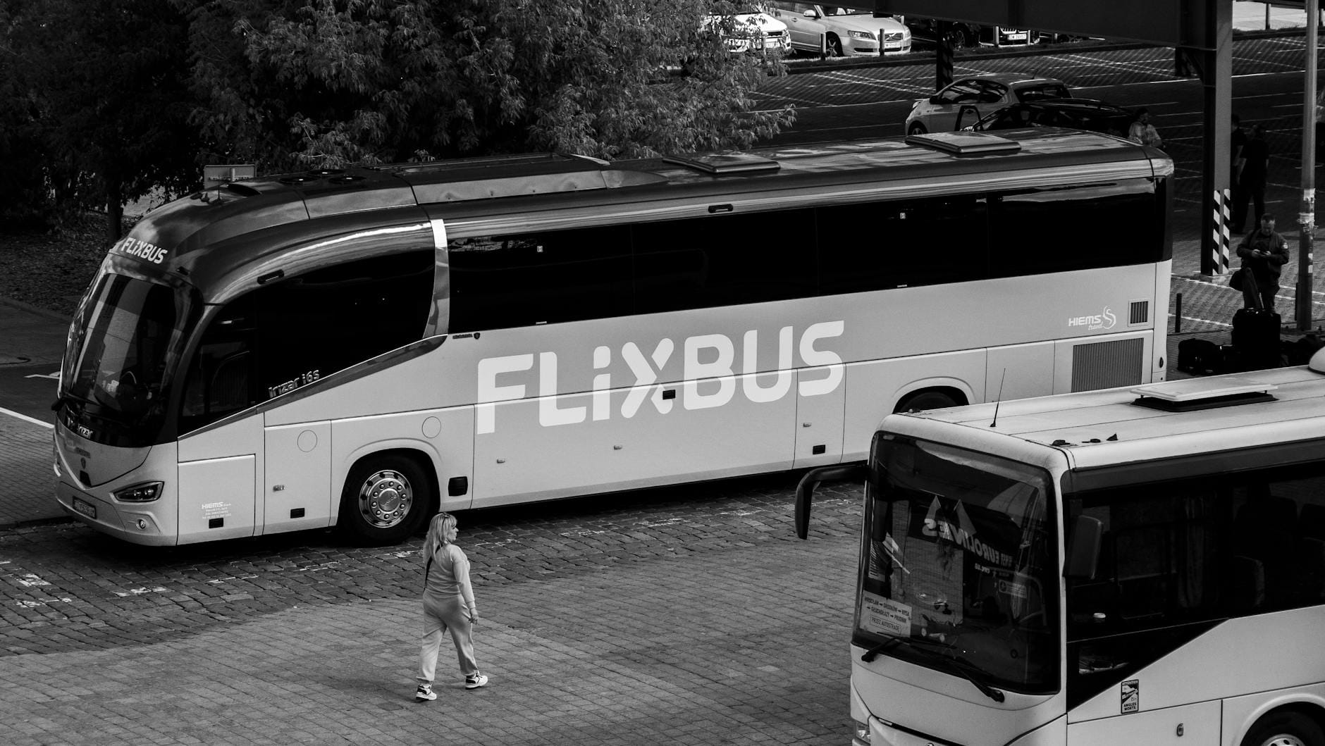 Monochromatyczne zdjęcie autobusu FlixBus na dworcu z pasażerami